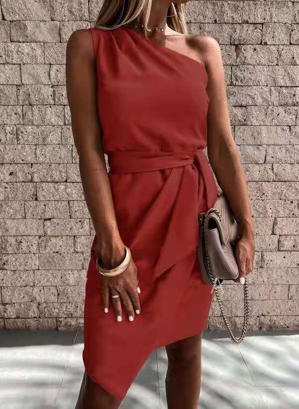 Women's Party Dress with One Shoulder & Tie Waist | Midi