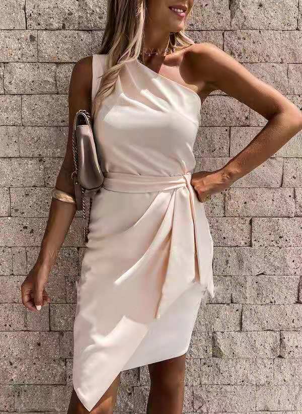 Women's Party Dress with One Shoulder & Tie Waist | Midi