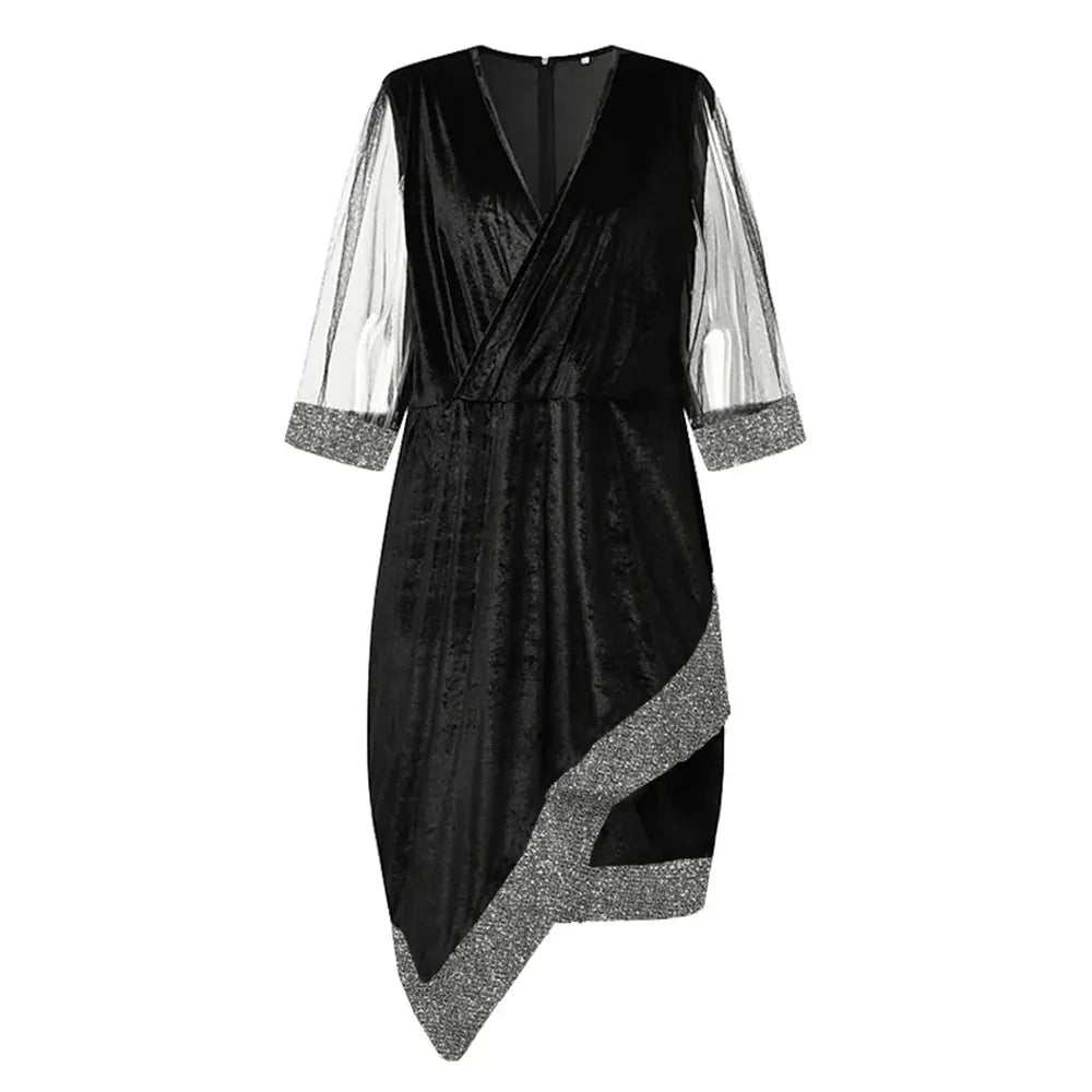 Women's Party Dress with Sequin & Mesh Sleeve | Plus Size Midi