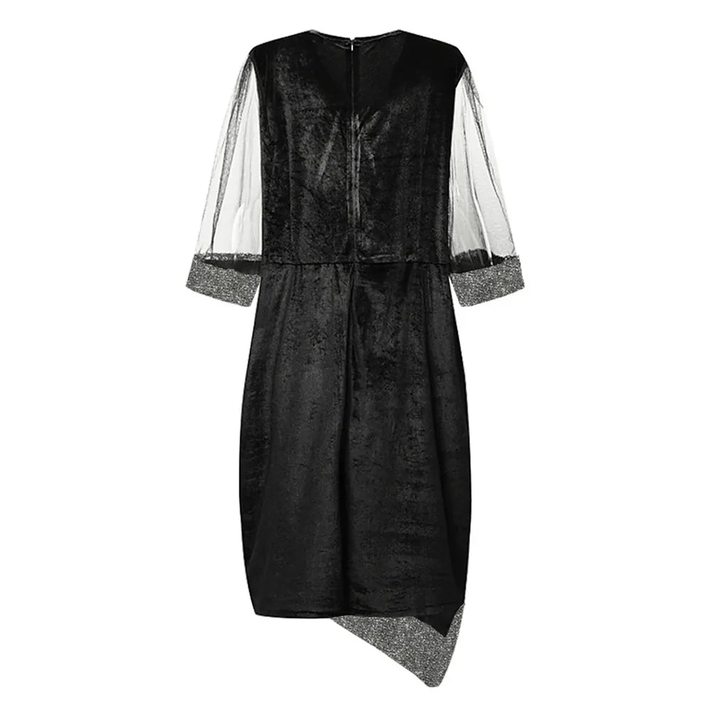 Women's Party Dress with Sequin & Mesh Sleeve | Plus Size Midi