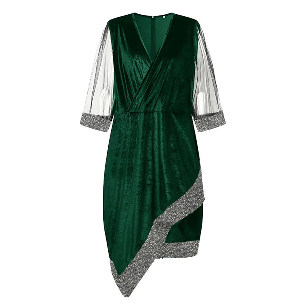 Women's Party Dress with Sequin & Mesh Sleeve | Plus Size Midi