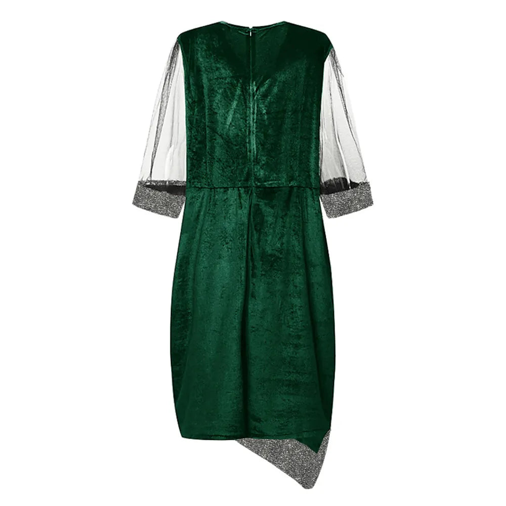 Women's Party Dress with Sequin & Mesh Sleeve | Plus Size Midi