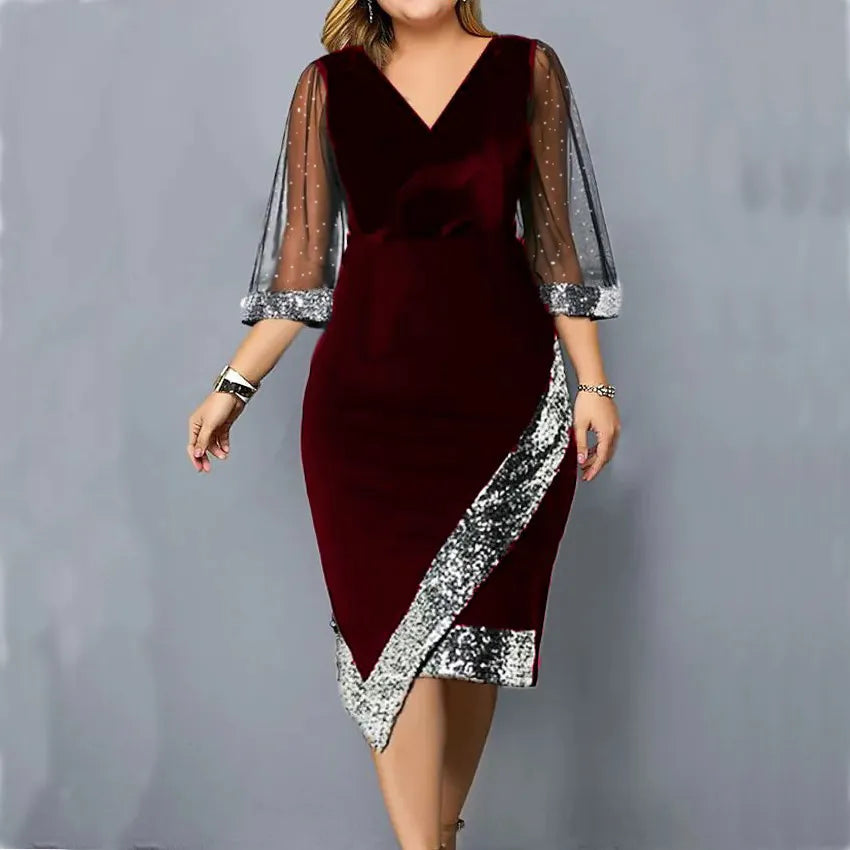 Women's Party Dress with Sequin & Mesh Sleeve | Plus Size Midi