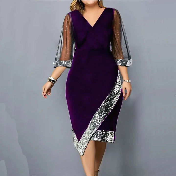 Women's Party Dress with Sequin & Mesh Sleeve | Plus Size Midi