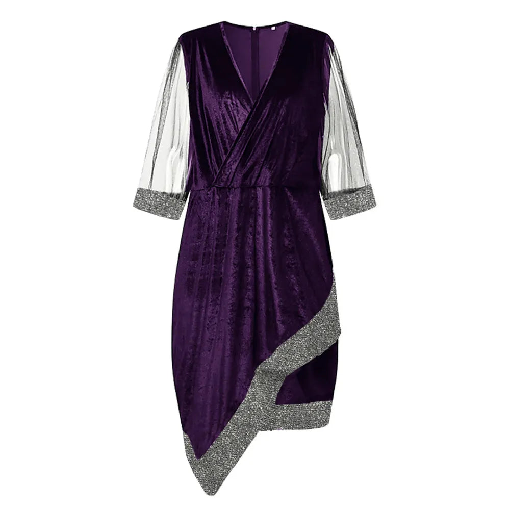 Women's Party Dress with Sequin & Mesh Sleeve | Plus Size Midi