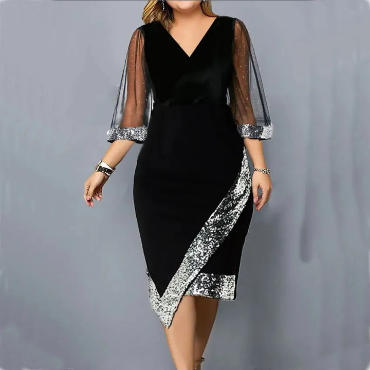 Women's Party Dress with Sequin & Mesh Sleeve | Plus Size Midi