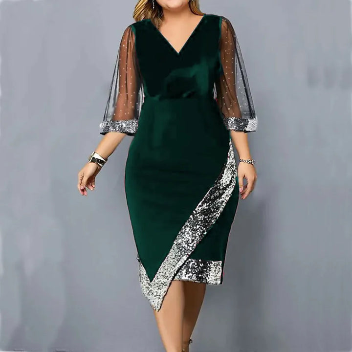 Women's Party Dress with Sequin & Mesh Sleeve | Plus Size Midi