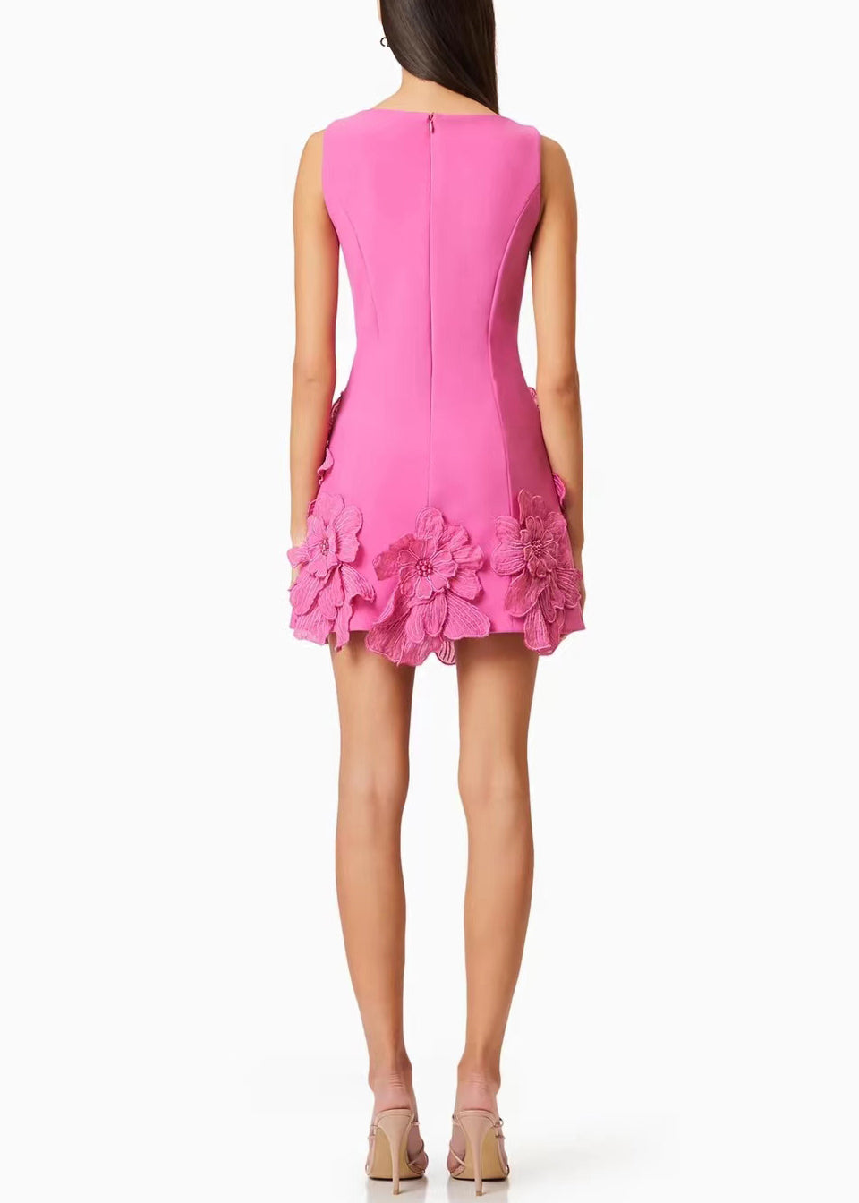 Women's Pink Dress with 3D Floral Hem | Boat Neck
