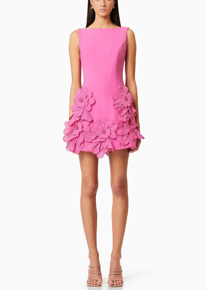 Women's Pink Dress with 3D Floral Hem | Boat Neck