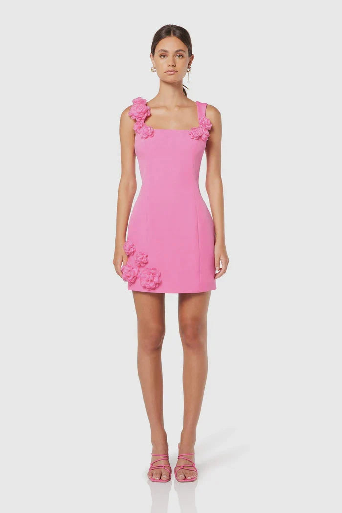 Women's Pink Dress with 3D Floral Hem | Square Neck