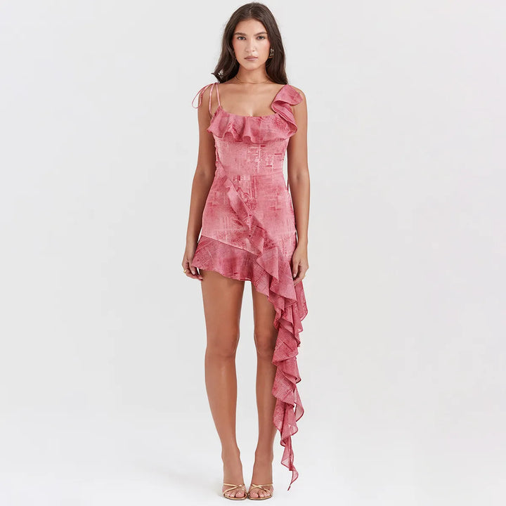 Women's Pink Dress with Asymmetric Ruffle | Cocktail