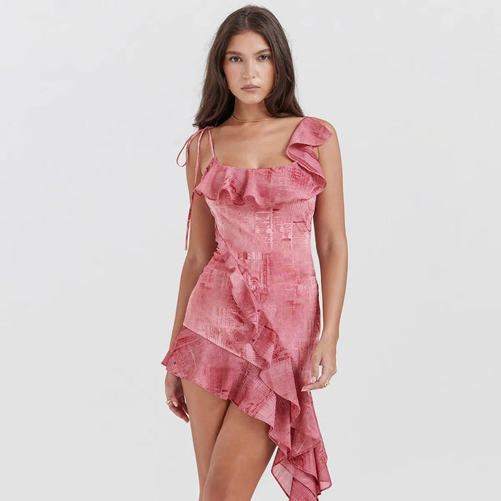Women's Pink Dress with Asymmetric Ruffle | Cocktail
