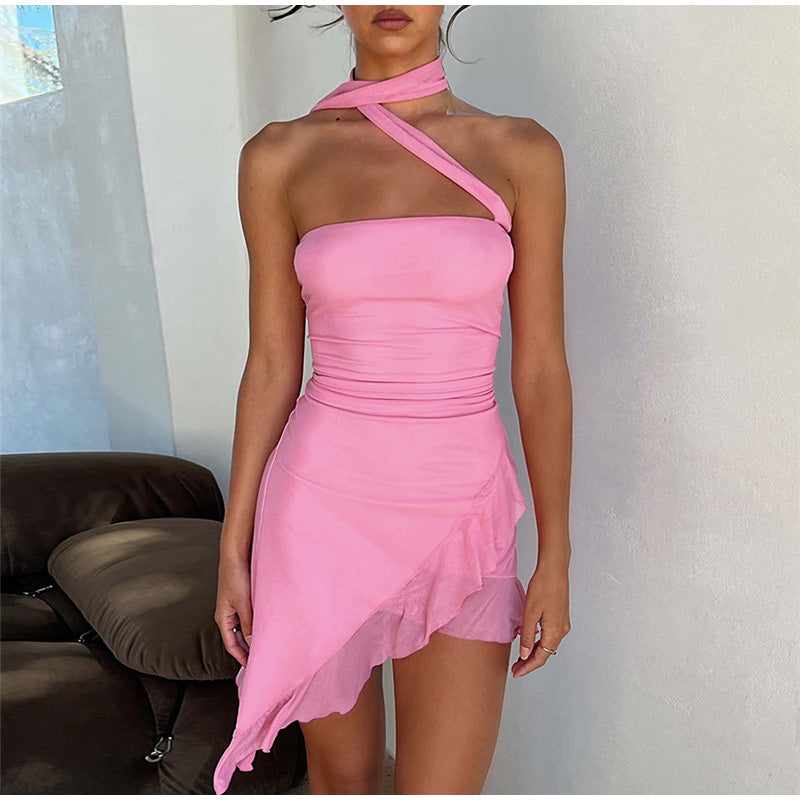 Women's Pink Dress with Asymmetric Ruffle Hem | Mini