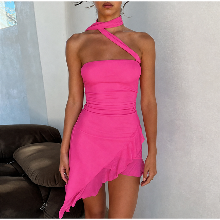 Women's Pink Dress with Asymmetric Ruffle Hem | Mini
