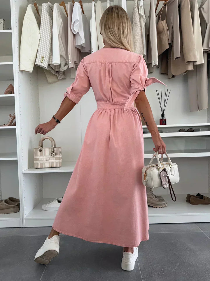 Women's Pink Dress with Button Front & V-Neck | Maxi