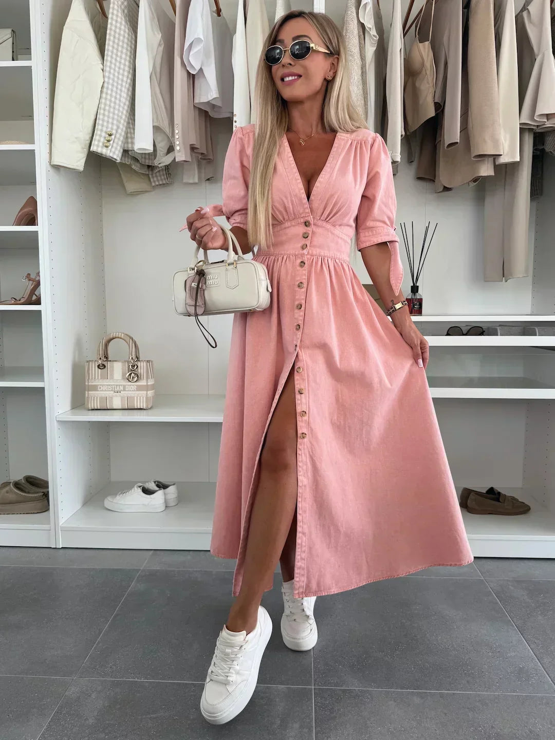 Women's Pink Dress with Button Front & V-Neck | Maxi