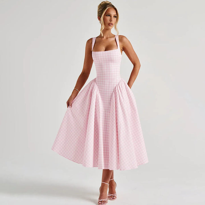 Women's Pink Dress with Gingham & Square Neck | Midi