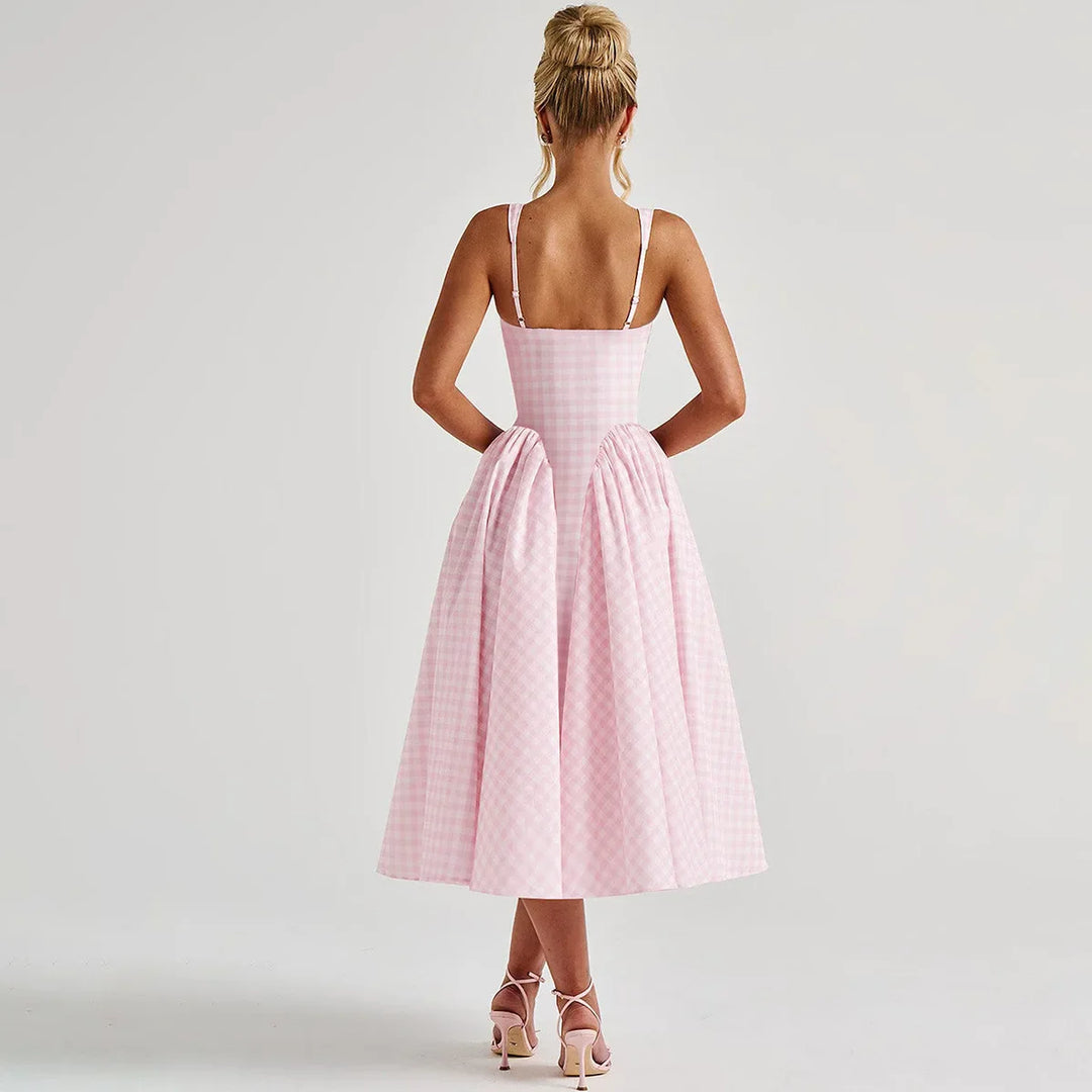 Women's Pink Dress with Gingham & Square Neck | Midi