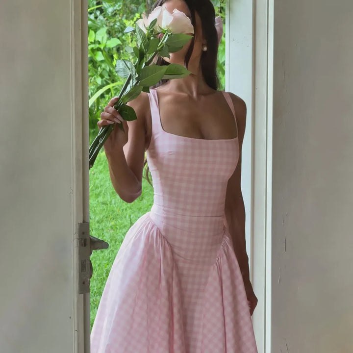 Women's Pink Dress with Gingham & Square Neck | Midi