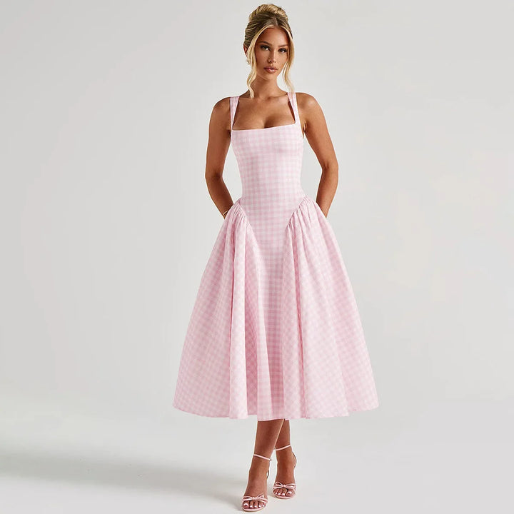 Women's Pink Dress with Gingham & Square Neck | Midi
