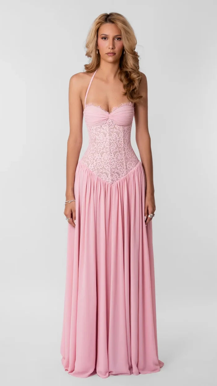 Women's Pink Dress with Halter Neck | Pleated Maxi