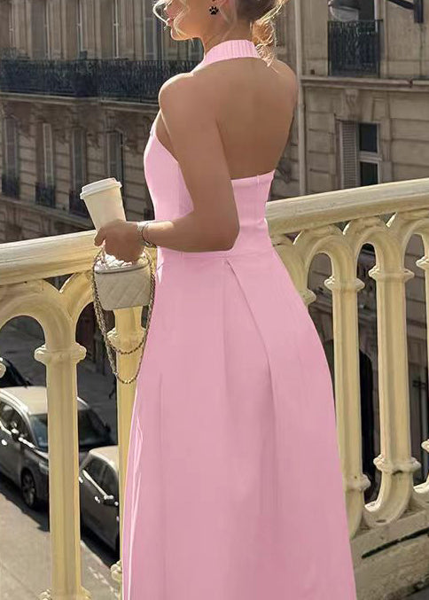 Women's Pink Dress with Halter Neck | Pleated Midi