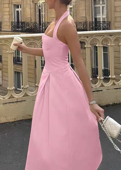 Women's Pink Dress with Halter Neck | Pleated Midi