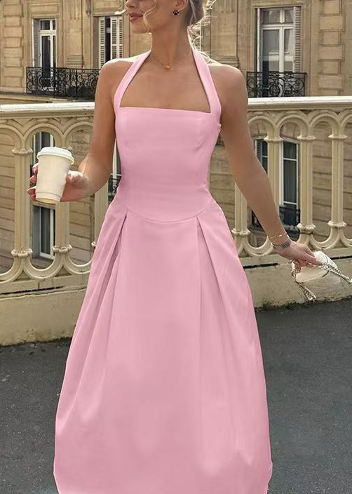 Women's Pink Dress with Halter Neck | Pleated Midi