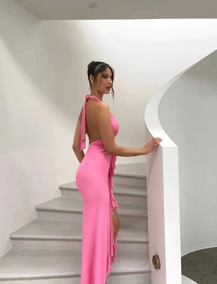 Women's Pink Dress with Halter Neck & Ruffle Slit | Maxi