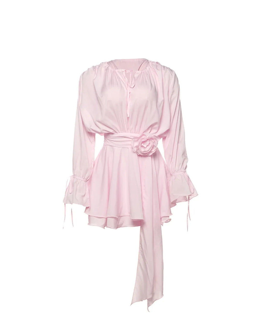 Women's Pink Dress with Long Sleeve & Rose Belt | Mini