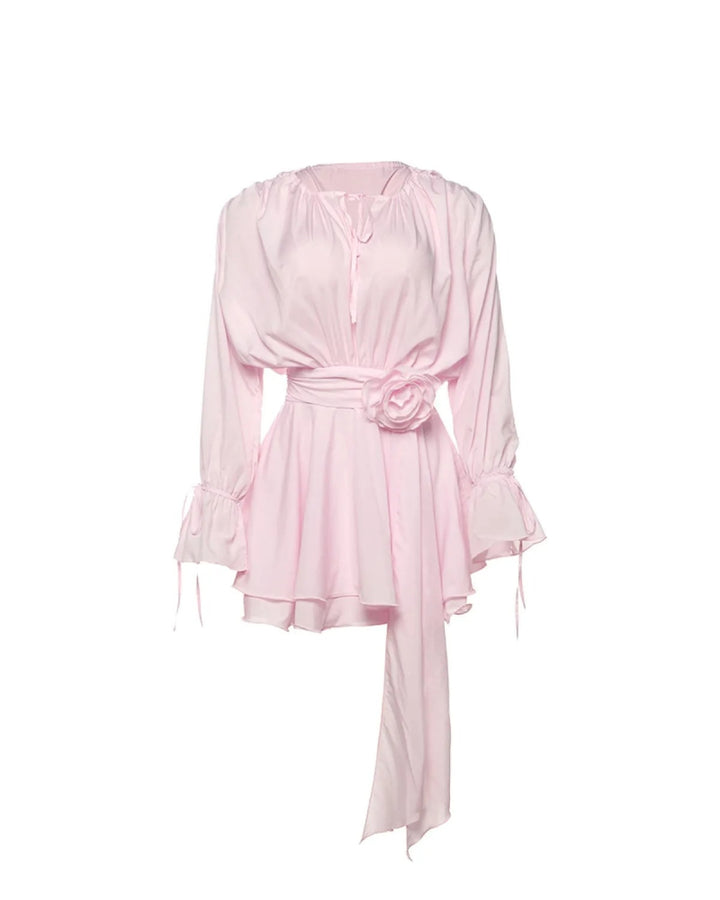 Women's Pink Dress with Long Sleeve & Rose Belt | Mini
