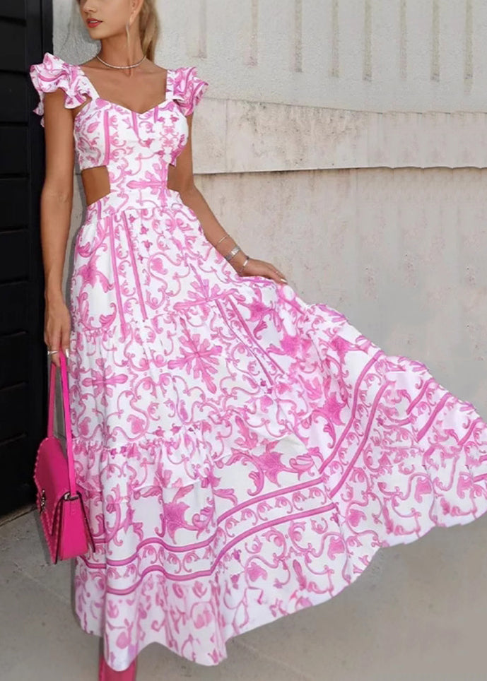 Women's Pink Dress with Ruffle Sleeve | Cut-Out Maxi