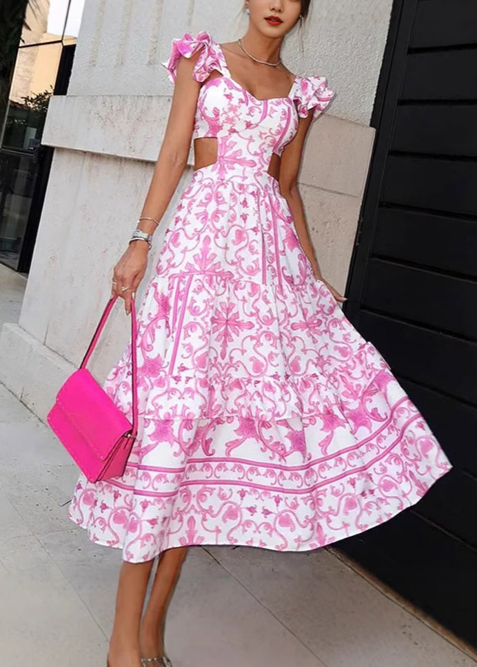 Women's Pink Dress with Ruffle Sleeve | Cut-Out Maxi