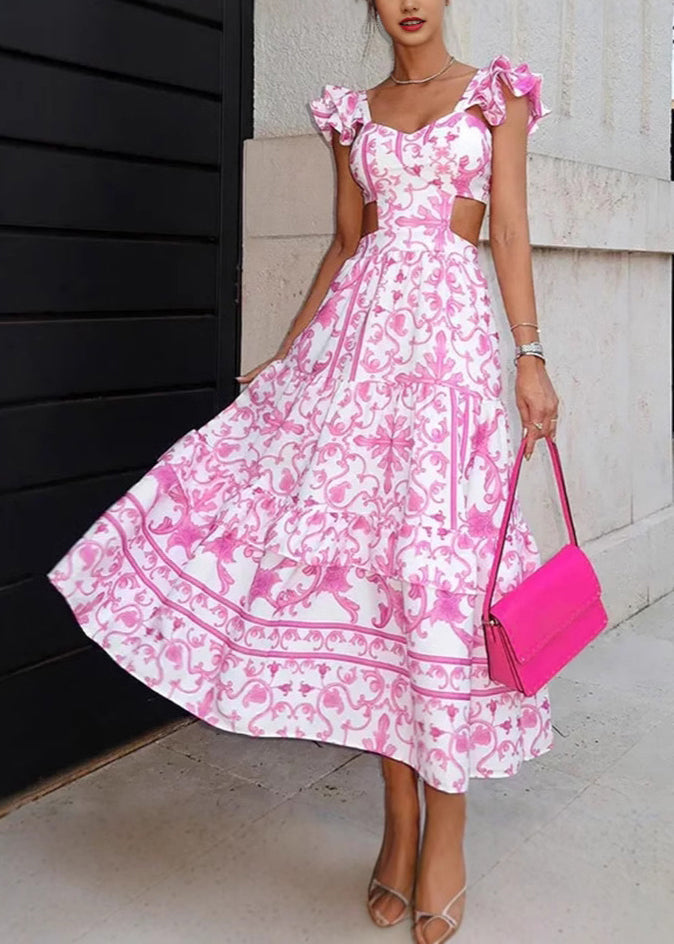 Women's Pink Dress with Ruffle Sleeve | Cut-Out Maxi
