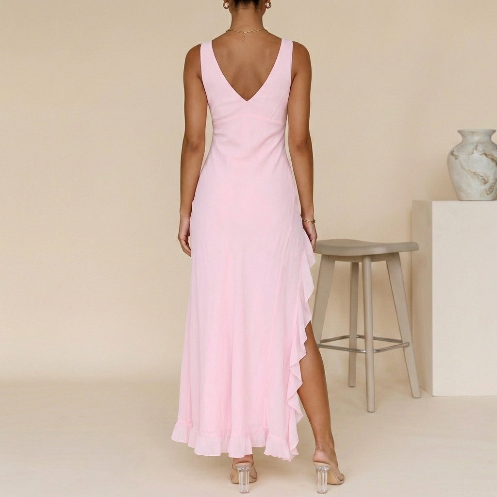 Women's Pink Dress with Ruffle Slit | V Neck Maxi
