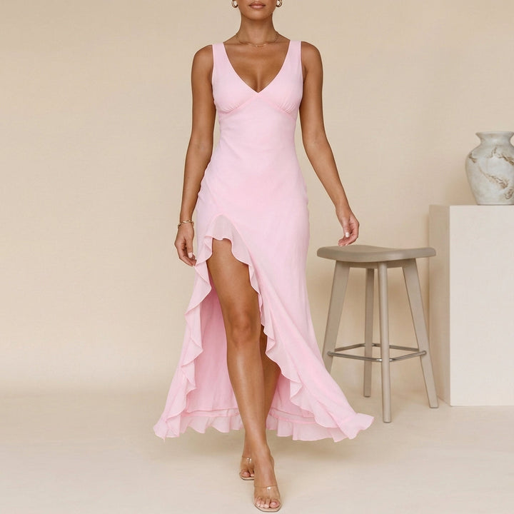 Women's Pink Dress with Ruffle Slit | V Neck Maxi