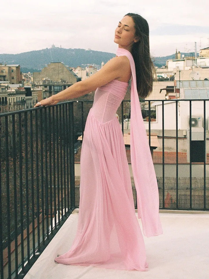 Women's Pink Dress with Scarf Neck | Pleated Maxi