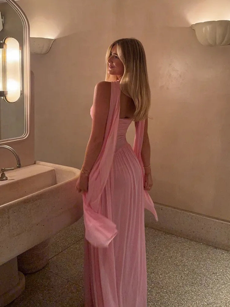 Women's Pink Dress with Scarf Neck | Pleated Maxi
