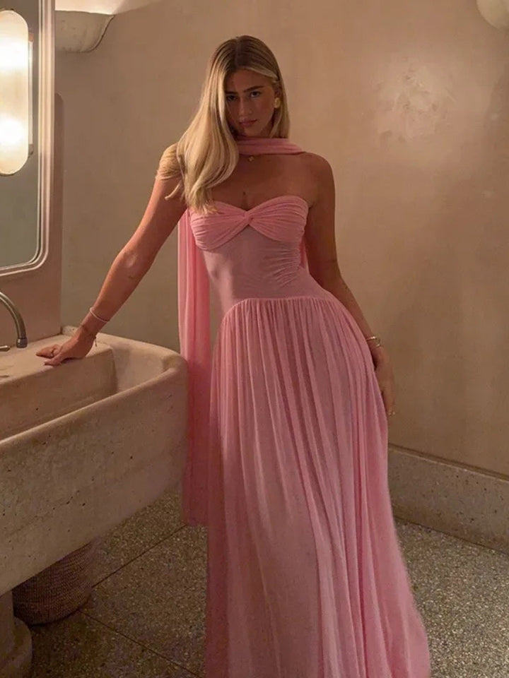 Women's Pink Dress with Scarf Neck | Pleated Maxi