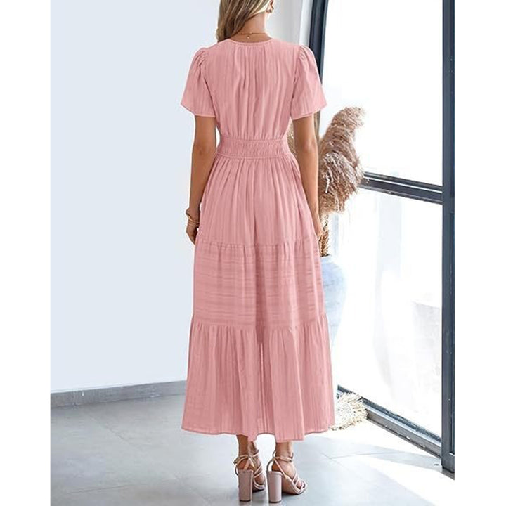 Women's Pink Dress with V-Neck & Tiered Skirt | Maxi