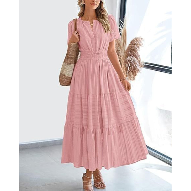 Women's Pink Dress with V-Neck & Tiered Skirt | Maxi