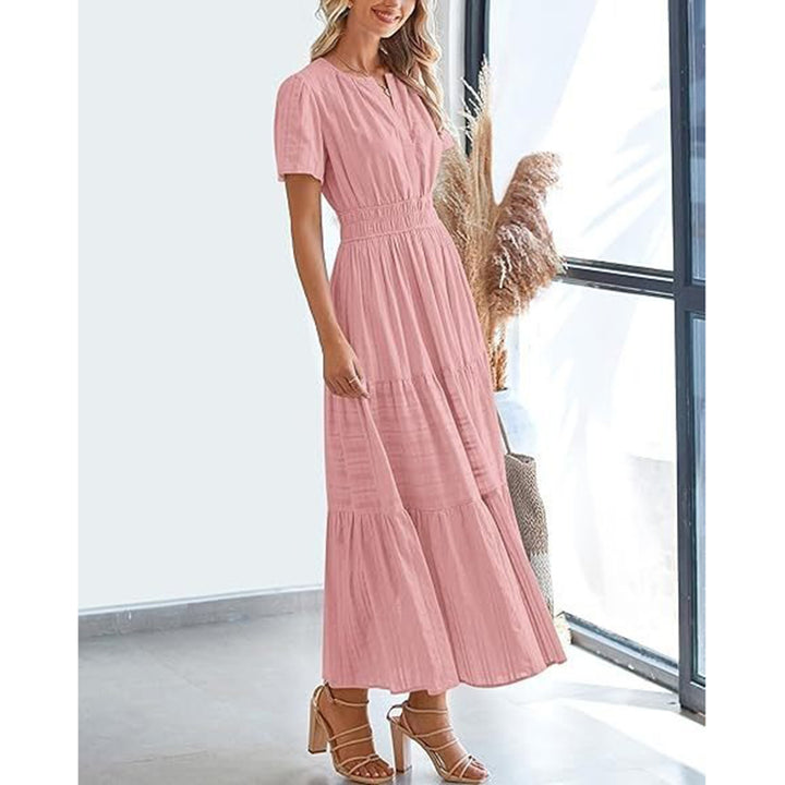 Women's Pink Dress with V-Neck & Tiered Skirt | Maxi