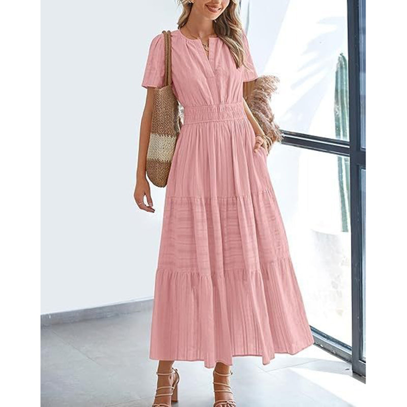 Women's Pink Dress with V-Neck & Tiered Skirt | Maxi