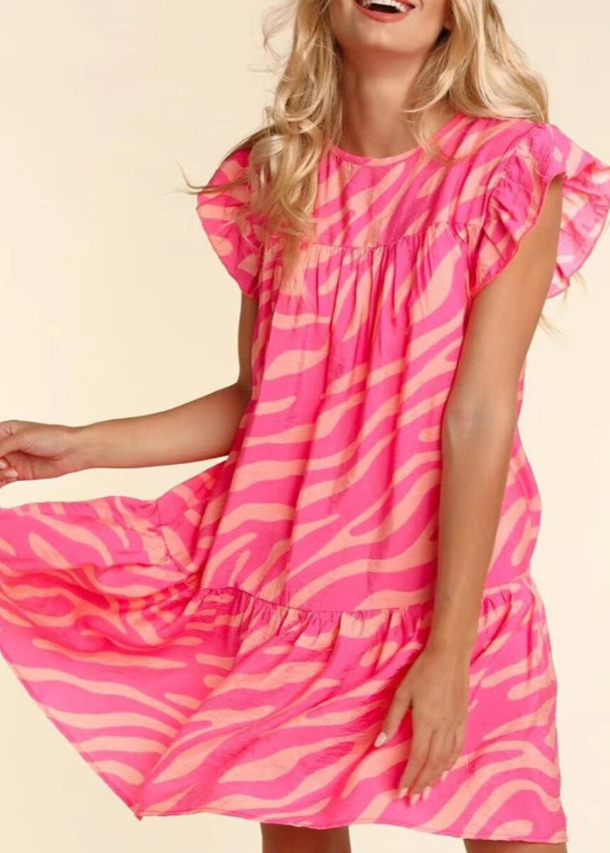Women's Pink Dress with Zebra Print | Ruffle Sleeve