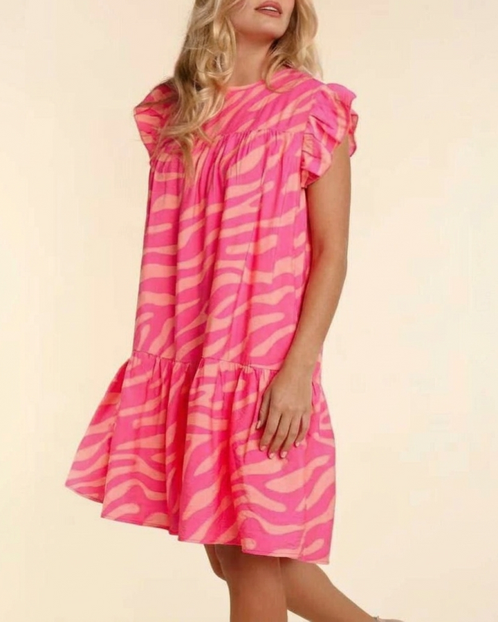 Women's Pink Dress with Zebra Print | Ruffle Sleeve