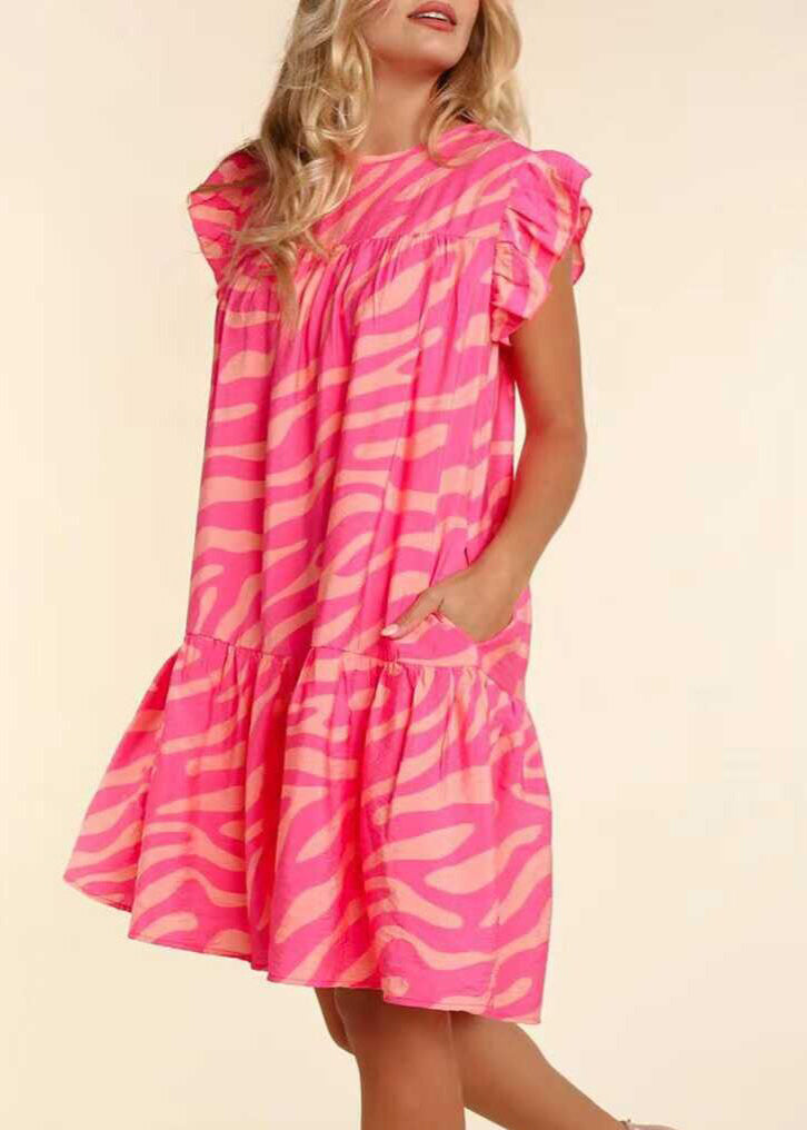 Women's Pink Dress with Zebra Print | Ruffle Sleeve