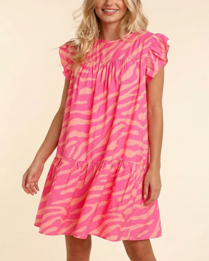 Women's Pink Dress with Zebra Print | Ruffle Sleeve