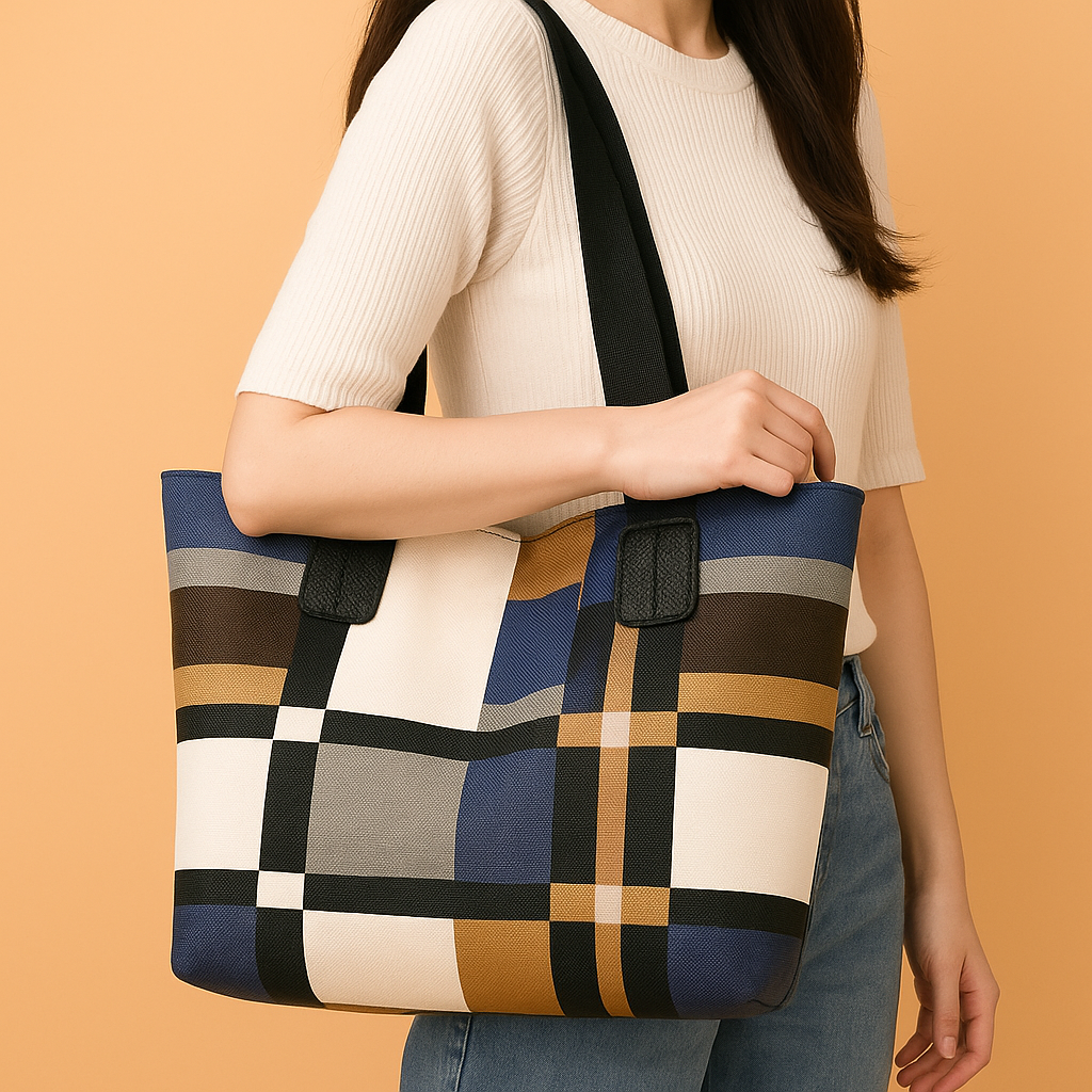 Women's Plaid Tote Bag with Wide Straps | Work