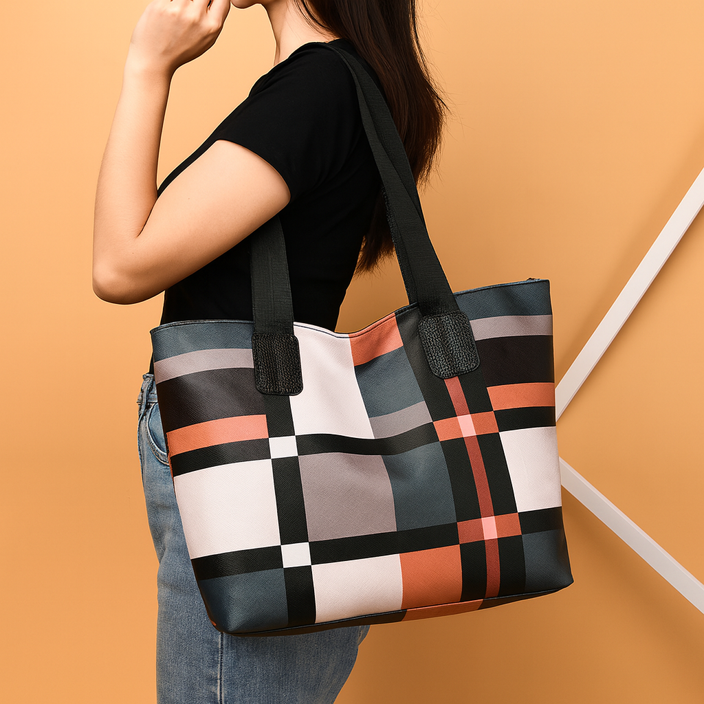 Women's Plaid Tote Bag with Wide Straps | Work