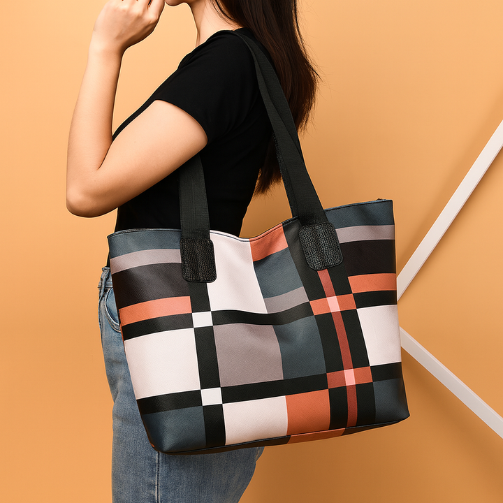 Women's Plaid Tote Bag with Wide Straps | Work